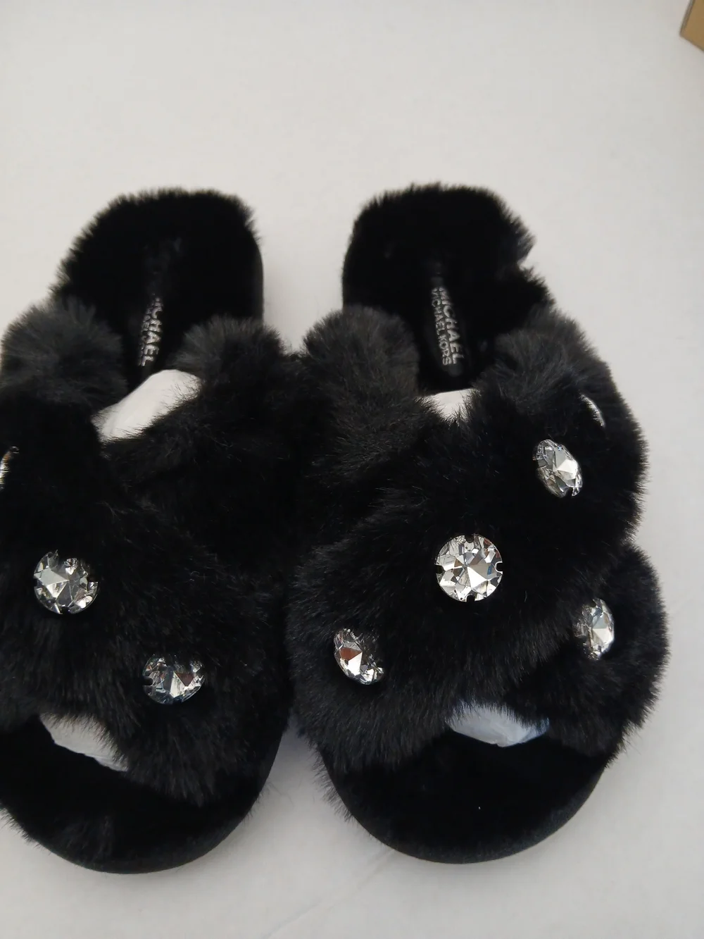 Michael Kors Black Faux Fur Jeweled Slide Slippers Size 6M New $35
